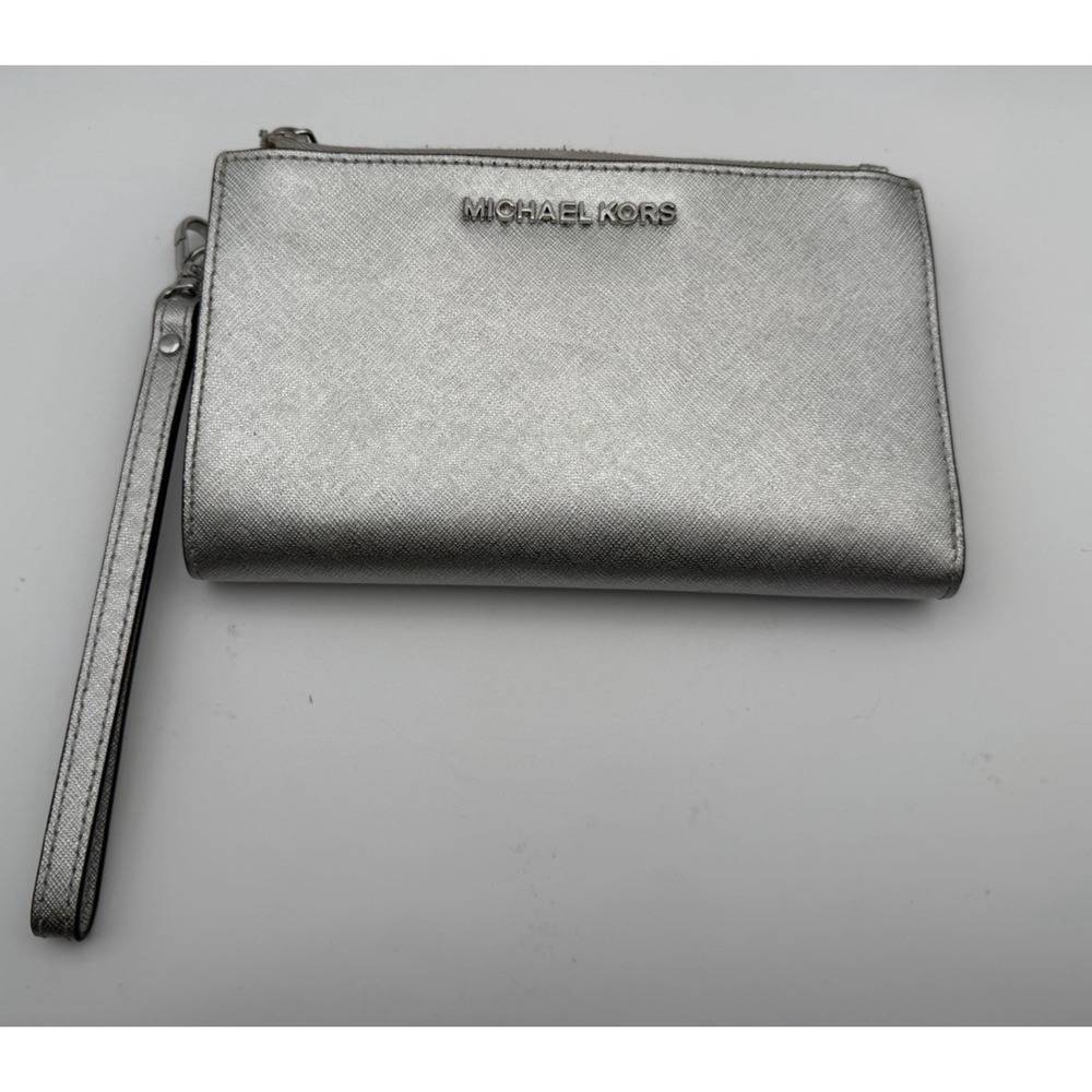 Michael Kors Logo Zip-Around Wristlet Wallet Silver Solid Folding Credit Card